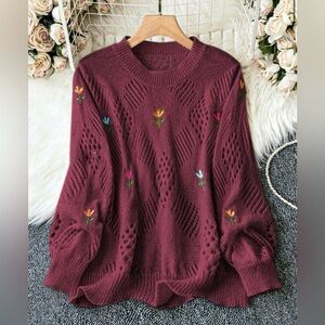 Relaxiva Floral Embroidered Hollow Out Knitted Burgundy Long Sleeve Sweater